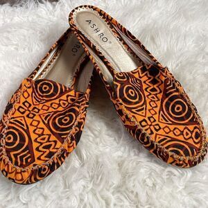 Ashro Ladies African Vibe Slides , Size 12M, Orange and Black Geometric Design